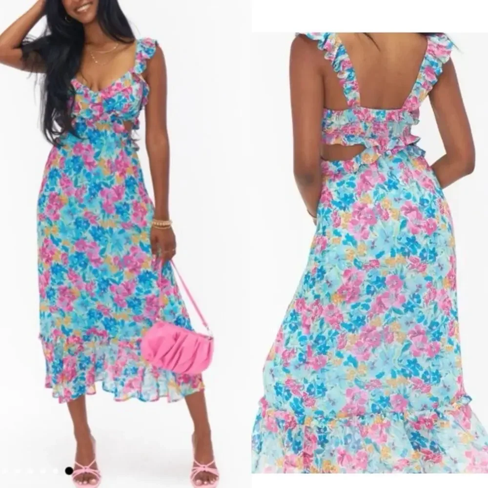 Show Me Your MuMu Floral Midi Dress in Blue, Pink, Yellow - Picture 1 of 10